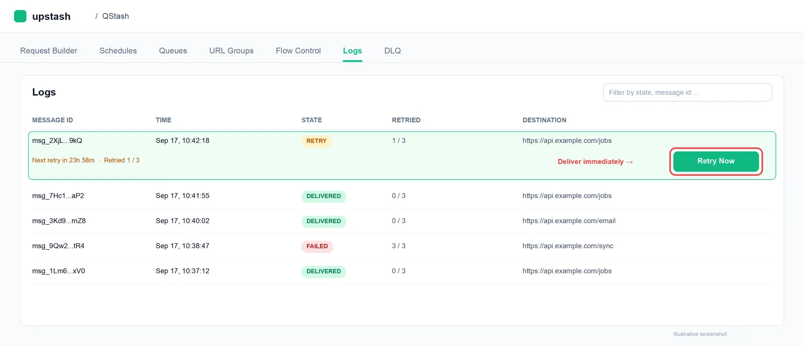 Retry a message now from the Logs tab in the Upstash Console